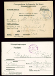 4 plis adressés à un résistant interné au frontstalag 122 de Compiègne, avec cachet rond "Frontstalag 122 gepruft" en bleu, violet, lilas et noir (1941-1942)