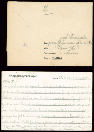 4 plis adressés à un résistant interné au frontstalag 122 de Compiègne, avec cachet rond "Frontstalag 122 gepruft" en bleu, violet, lilas et noir (1941-1942)