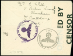 GB n°216 OBL Charcham Kent (dec 1940) sur lettre censurée adressée à un prisonnier anglais à la faculté catholique de Lille. TB