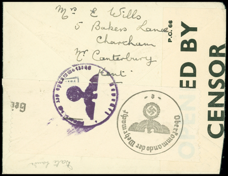 GB n°216 OBL Charcham Kent (dec 1940) sur lettre censurée adressée à un prisonnier anglais à la faculté catholique de Lille. TB
