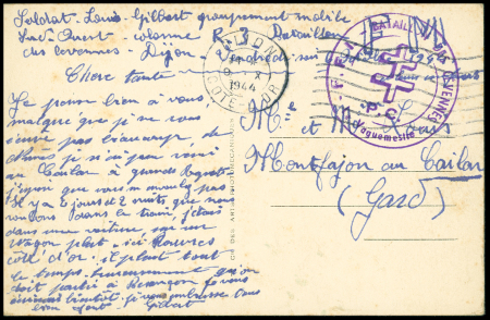 Carte postale en franchise avec OBL mec "Dijon Cote d'Or" (9.10.44) + cachet violet à croix de Lorraine "FFI bataillon des Cévennes - PC - le vaguemestre"