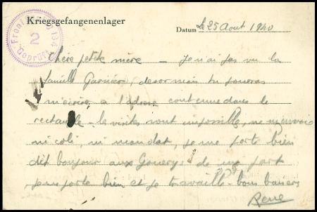 Postkarte du Frontstalag 134 de Saint Brieuc (28.8.40) avec au verso cachet rond violet "frontstalag 134 - 2 - gepruft". TB