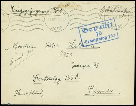 Lettre en franchise de Cambrai (1941) pour un prisonnier du frontstalag 133A de Rennes avec cachet rect bleu "Gepruft 10 frontstalag 133". TB