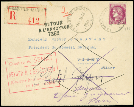 N°316 OBL horoplan "La Bastide Murat Lot" (1941) sur lettre recommandée pour le président du Conseil National à Vichy avec cachet rect rouge