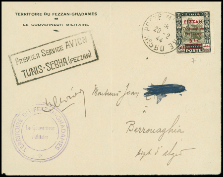 Fezzan n°7 OBL CAD "poste militaire n°560" (20.2.44) sur devant de lettre avec cachet rect noir "Premier service avion Tunis-Sebha (Fezzan) et cachet violet