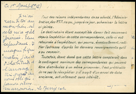Carte postale de Bourges (1.8.1940) vers l'Alsace avec grande étiquette imprimée de 13 lignes "Pour des raisons indépendantes de sa volonté...
