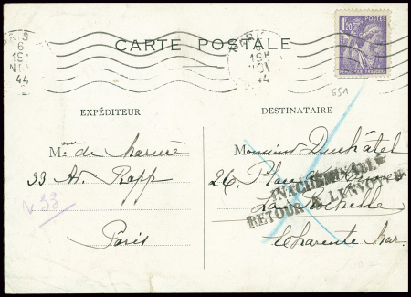 N°651 OBL Paris (6 nov 44) sur carte postale adressée dans la poche de La Rochelle avec griffe noire "Inacheminable retour à l'envoyeur". TB