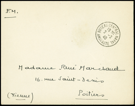 Lettre en franchise avec CAD "Bureau central naval amirauté" (2.2.1940 - Maintenon Eure et Loir). TB