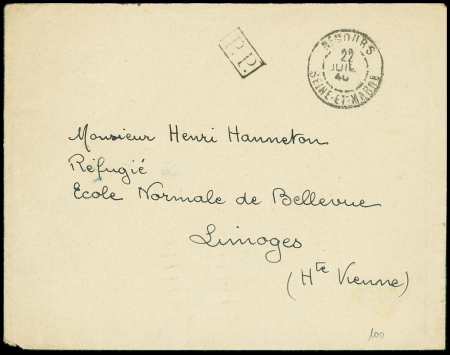 AFF de fortune de l'été 1940 : lettre sans timbre avec CAD "Nemours Seine et Marne" (22 juil 40) + "PP" encadré noir. TB