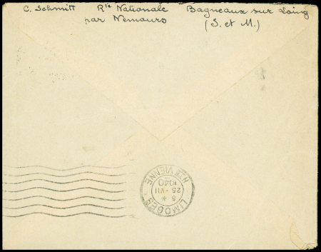 AFF de fortune de l'été 1940 : lettre sans timbre avec CAD "Nemours Seine et Marne" (22 juil 40) + "PP" encadré noir. TB