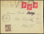 N°514, 3 pièces OBL Bastia Corse (16.11.43) sur lettre censurée pour Alger en poste restante avec Algérie timbre-taxe n°7 et "V" de la victoire manuscrit