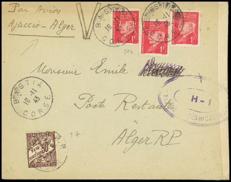 N°514, 3 pièces OBL Bastia Corse (16.11.43) sur lettre censurée pour Alger en poste restante avec Algérie timbre-taxe n°7 et "V" de la victoire manuscrit