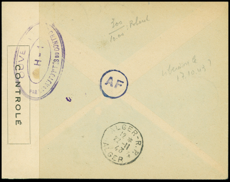 N°514, 3 pièces OBL Bastia Corse (16.11.43) sur lettre censurée pour Alger en poste restante avec Algérie timbre-taxe n°7 et "V" de la victoire manuscrit