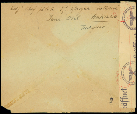 Lettre en franchise d'Ankara (1942) écrite par R.Roger aviateur vichyste réfugié en Turquie, adressée en Algérie avec censure allemande. TB
