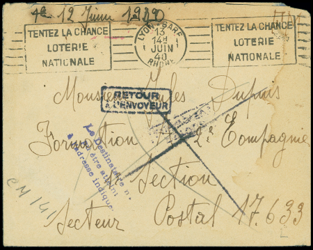 Lettre en franchise de Lyon-Gare (13.6.1940) adressée à un soldat de l'expédition de Narvik (SP 17633) avec griffe "le destinataire n'a pu être atteint à l'adresse indiquée"