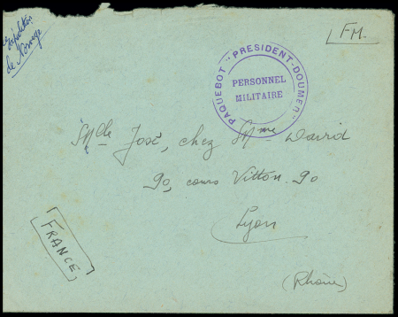 Expédition de Narvik (1940), lettre en franchise avec cachet violet "paquebot président Doumer personnel militaire"