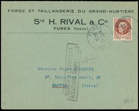 N°517 OBL Fures Isère (11.9.43) sur lettre pour Bastia avec griffe noire encadrée "Retour à l'envoyeur relations suspendues" (Libération de la Corse).