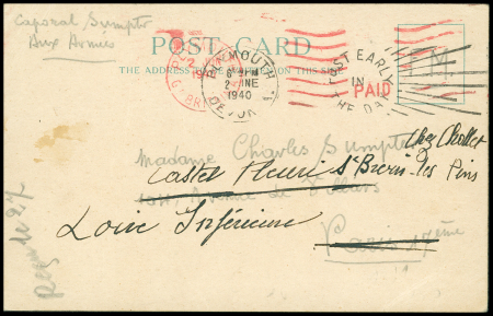 Postcard d'un soldat français de Dunkerque évacué en Grande-Bretagne OBL mec "Plymouth devon". TB