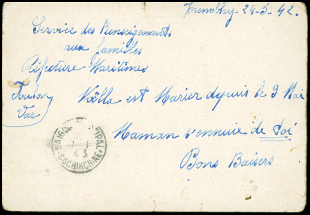 Entier carte postale 80c Pétain avec complément de taxe perçu OBL Villeparisis (1942) pour un marin à Hanoï avec censure allemande. TB