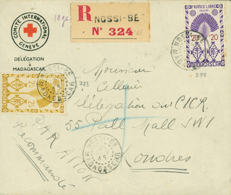 Madagascar n°273 + 278 OBL Nossi-Bé (1945) sur lettre recommandée avec Croix-Rouge "Comité international Genève - délégation à Madagascar". TB
