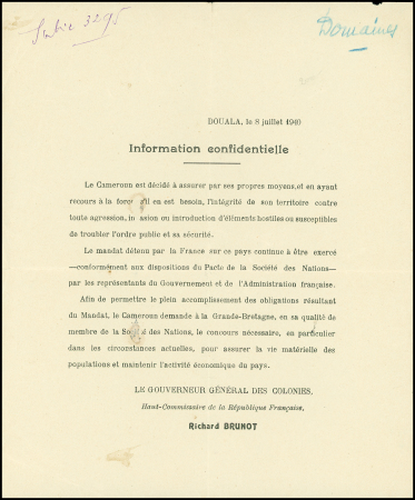 Circulaire imprimée du gouverneur du Cameroun Richard Brunot (8 juillet 1940) demandant le concours de la Grande Bretagne pour aider le Cameroun. TB
