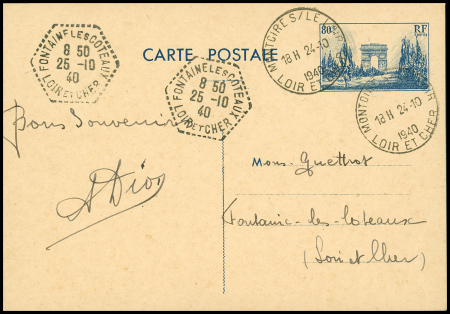 Entier CP 80c bleu Arc de Triomphe OBL CAD horoplan "Montoire-s-le-Loir Loir et Cher" (24.10.40 - rencontre Pétain - Hitler). TB