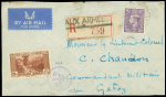 AFF mixte Liban n°172 + Grande Bretagne n°214 OBL CAD 2 cercles "Poste aux armées FFL1" (1942) sur lettre par avion pour le Gabon. TB