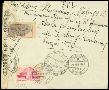 Levant PA5 OBL grand CAD à pont "Poste aux armées FFL BCM 1" (28 nov 1942) sur lettre recommandée censurée pour le Cameroun. TB