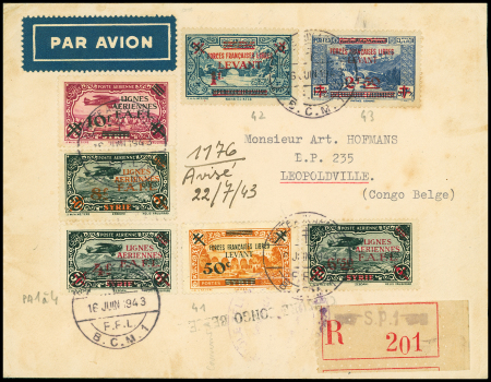 Levant n°41 à 43 + PA1 à 4 OBL grand CAD à pont "poste aux armées FFL BCM1" (1943 Beyrouth) sur lettre recommandée pour Léopoldville avec arrivée. TB