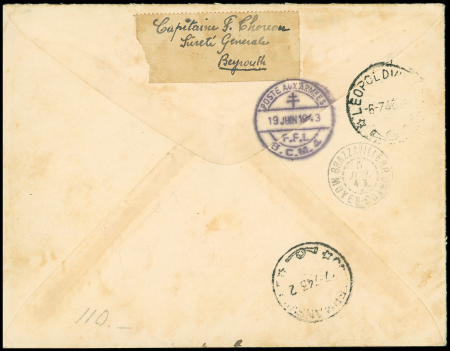 Levant n°41 à 43 + PA1 à 4 OBL grand CAD à pont "poste aux armées FFL BCM1" (1943 Beyrouth) sur lettre recommandée pour Léopoldville avec arrivée. TB