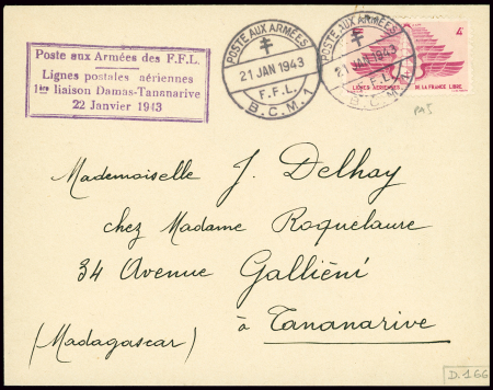 Levant PA5 OBL CAD à pont "poste aux armées FFL BCM1" (1943 - Beyrouth) sur lettre avec cachet rect violet "poste aux armées des FFL lignes postales...