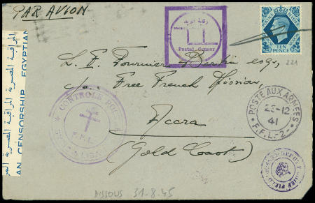 Grande-Bretagne n°221 annulé au crayon + CAD 2 cercles "Poste aux armées FFL2" (Damas 23.12.41 - date précoce) sur lettre pour Accra (Gold Coast). TB