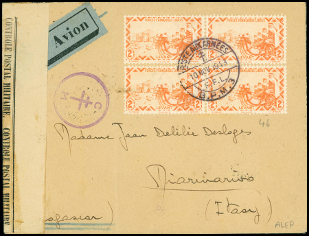 Levant n°46 en bloc de 4 OBL grand CAD à pont "Poste aux armées FFL BPM 3" (1943 Alep) sur lettre censurée pour Madagascar. TB