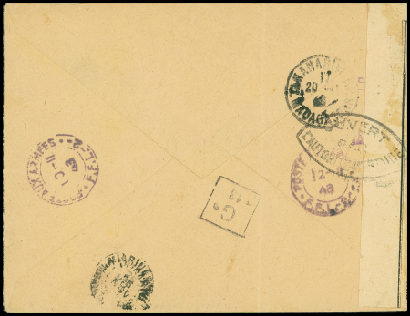 Levant n°46 en bloc de 4 OBL grand CAD à pont "Poste aux armées FFL BPM 3" (1943 Alep) sur lettre censurée pour Madagascar. TB
