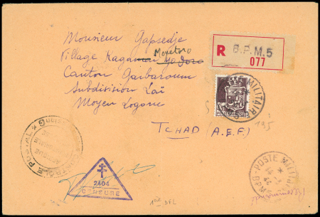 Algérie n°195 OBL CAD "Poste militaire BPM 5" (1944 - 1ere Division Française Libre) sur lettre recommandée pour le Tchad avec cachet triangulaire violet à croix de Lorraine