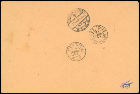 Algérie n°195 OBL CAD "Poste militaire BPM 5" (1944 - 1ere Division Française Libre) sur lettre recommandée pour le Tchad avec cachet triangulaire violet à croix de Lorraine