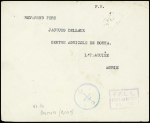 Lettre en franchise pour Lattaquié avec cachet rect violet "FFLL poste aux armées VE20" + cachet rond bleu de censure à Croix de Lorraine "CM". TB