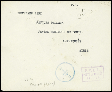 Lettre en franchise pour Lattaquié avec cachet rect violet "FFLL poste aux armées VE20" + cachet rond bleu de censure à Croix de Lorraine "CM". TB