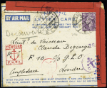 Grande Bretagne n°214 OBL grand CAD à pont "Poste aux armées FFL BCM1" (Beyrouth - 1944) sur aérogramme adressé à un marin des FNFL à Londres avec rare censure