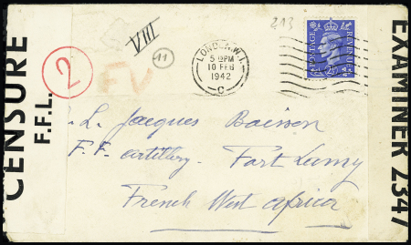 GB n°213 OBL "London W1" (fev 1942) sur lettre pour le Tchad avec bande imprimée "Censure FFL" et cachet rond rouge de lecteur "2". TB
