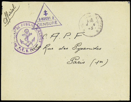Lettre en franchise avec CAD "Poste aux armées" (1945)  + cachet violet avec ancre "Régiment de fusiliers marins FNFL" + cachet triangulaire bleu à croix de Lorraine
