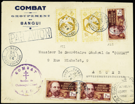 AEF n°123, 3 pièces + 152, 2 pièces, OBL Bangui (1943) sur lettre par avion pour Alger à en-tête "Combat groupement de Bangui" avec cachet violet à croix de Lorraine