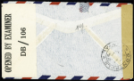 Saint Pierre et Miquelon n°298 + PA7 OBL (1943) sur lettre par avion pour Hollywood avec double censure. Rare car pli non philatélique. TB