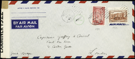 Canada n°197 + 199 OBL Québec (2 mars 41) sur lettre par avion pour le capitaine Geoffroy de Courcel aide de camp du général de Gaulle à Londres avec rare censure verte