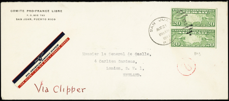 USA PA9 en paire OBL duplex "San Juan PR" (1941) sur lettre à en-tête "Comito pro France libre PO BOX 783 San Juan, Porto Rico" adressée au général de Gaulle