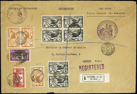 Nouvelle-Calédonie n°185 + PA33, paire + 1 pièce + PA34 en paire + bloc de 4 OBL Nouméa (20 nov 40) sur grande lettre recommandée adressée au général de Gaulle