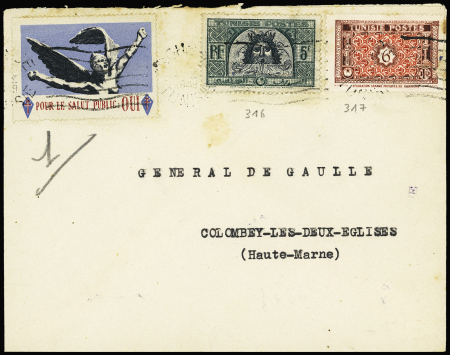 Tunisie n°316 + 317 sur lettre adressée au général de Gaulle à Colombey les deux Eglises avec vignette "Pour le salut public : oui"