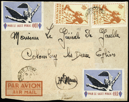 AOF n°18, 2 pièces OBL Conakry Guinée (1948) sur lettre adressée au général de Gaulle à Colombey les deux Eglises avec 3 vignettes