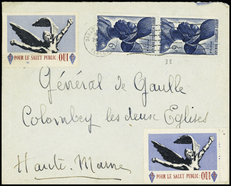 AOF n°38 en paire OBL Dakar (1948) sur lettre adressée au général de Gaulle à Colombey les deux Eglises avec 2 vignettes "Pour le salut public : oui".