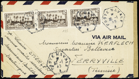 Martinique n°185, 7 pièces + n°140 en paire OBL hex pointillée "poste navale" (1945) de Fort de France avec au verso OBL rouge "CPNY"